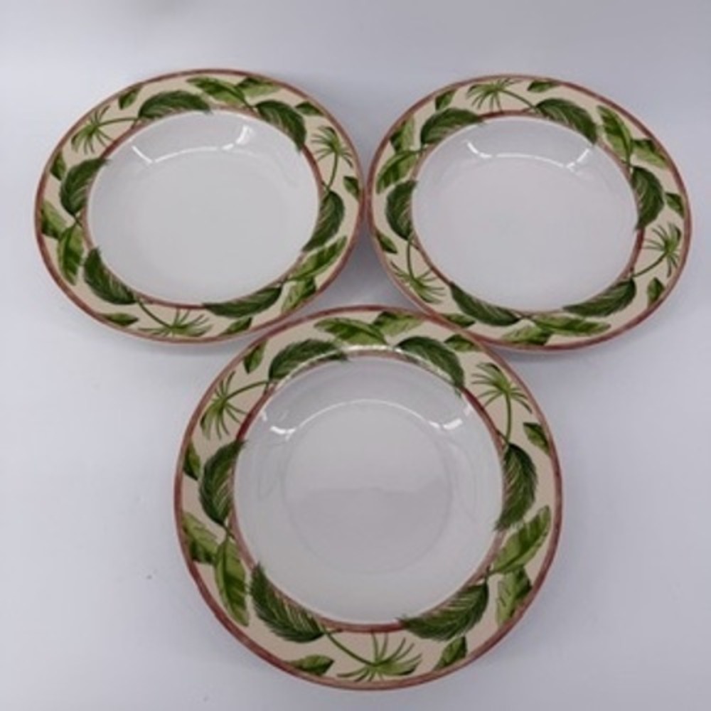 American Atelier Monkey 5029 Porcelain Pasta Bowls Set‎ of 3 Tropical Palm Leaf